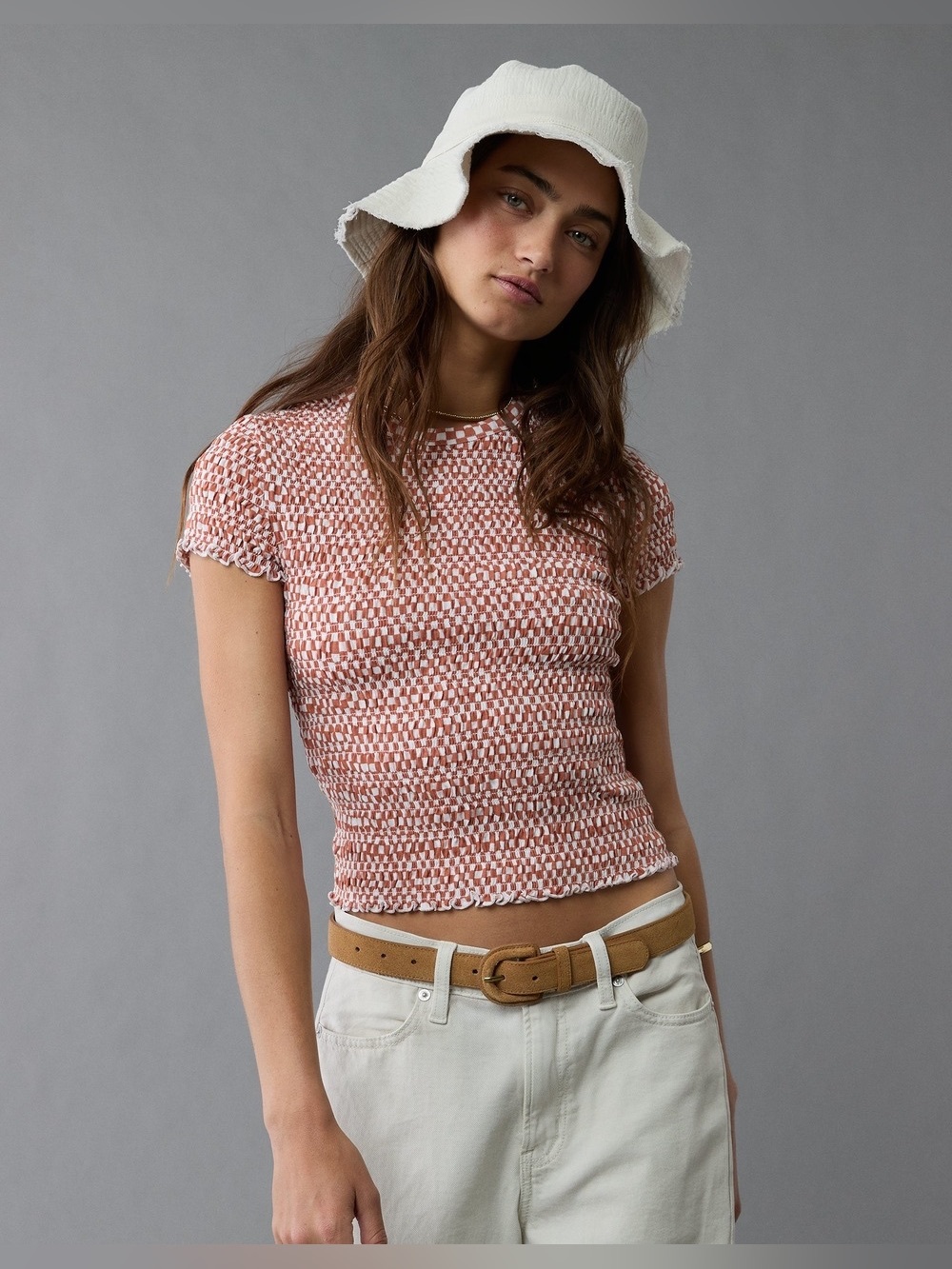 American Eagle Outfitters-sz Medium-Rust/White Smocked Top-100% Cotton!